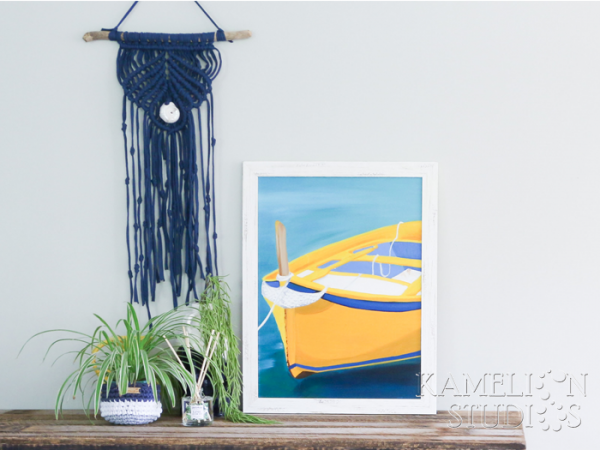 Coastal artwork by Kamelion Studios of a wooden fishing boat