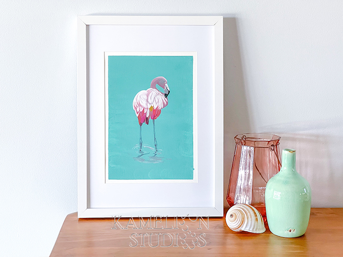 Pink on Blue Watercolour flamingo by Kamelion Studios