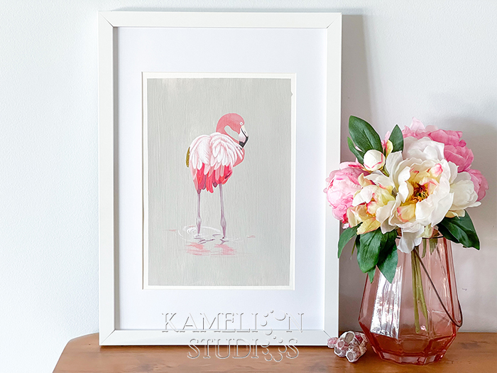 A4 Pink on Grey Flamingo original watercolour by Kamelion Studios