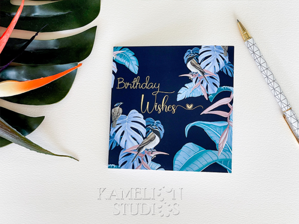 Honey Eater Birthday wishes greeting card with gold foil